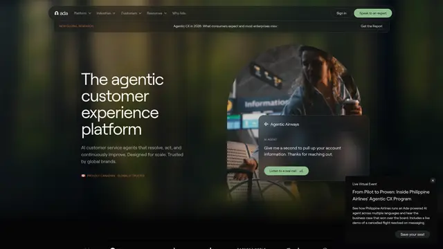 Ada AI Customer Service vendor website preview