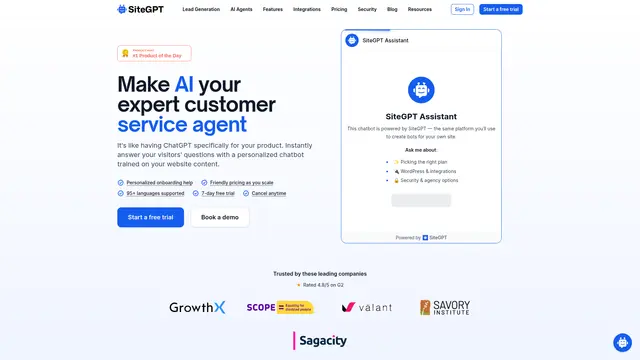 SiteGPT AI Support Agent vendor website preview