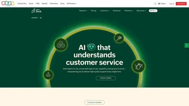Zoho Desk with Zia vendor website preview